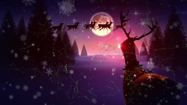 Animation of snow falling over raindeer with santa's sleight and winter landscape