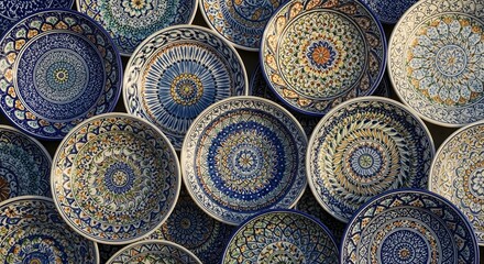 Traditional Moroccan Ceramic Plates with Blue Islamic Patterns