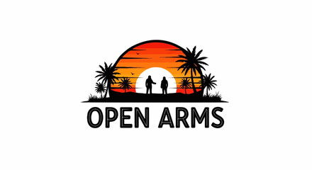 Two figures stand on a tropical beach with palm trees and a sunset