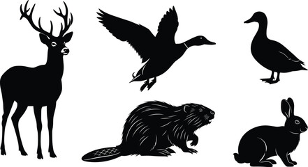 Black Wildlife Animal Silhouette Vector Set with Deer, Flying Duck, Sitting Duck, Beaver, and Rabbit Isolated cad drawing flat vector illustration