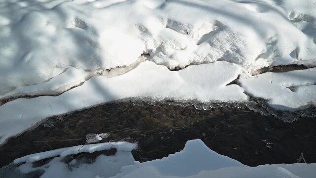 Snow covers the ground in a winter landscape with patches of exposed earth and flowing water.