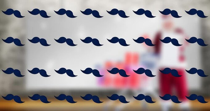 Animation of black moving mustaches over blurred background