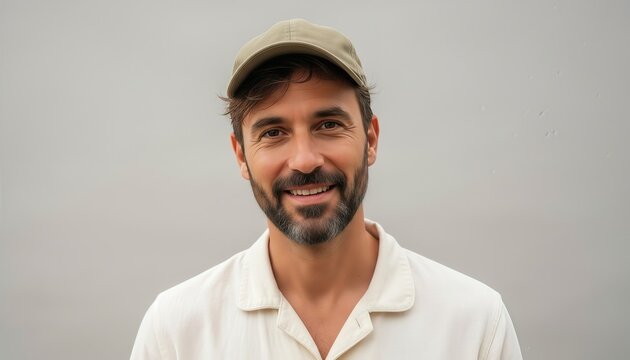 A smiling man wearing a tan baseball cap and white polo shirt