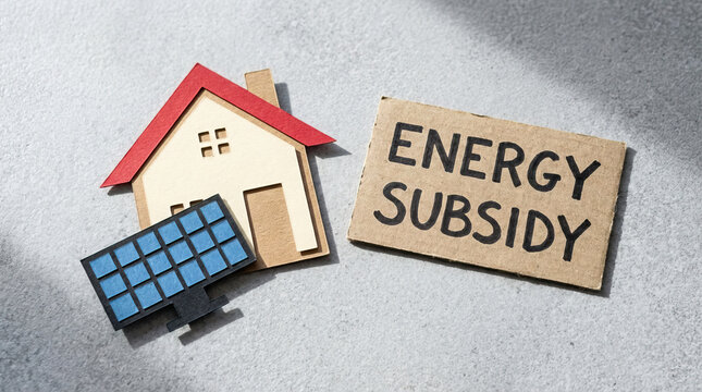 Energy subsidy concept with paper house and solar panel on gray background, symbolizing renewable energy support and financial aid for sustainable living