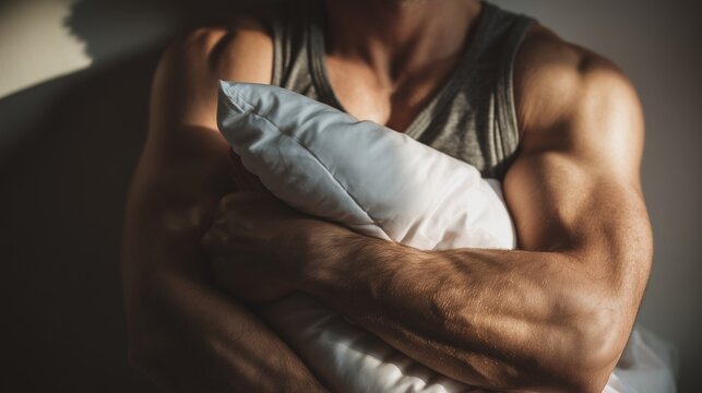Man hugging soft white pillow to his chest with close arms, comfort self care concept, alone person  concept