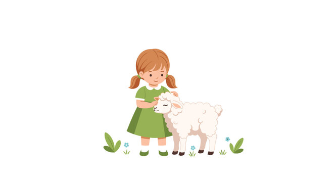 A cheerful little girl with pigtails in a green dress gently pets a fluffy white lamb standing on a small patch of grass.