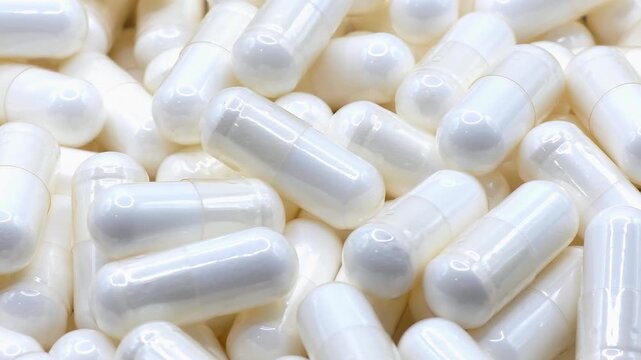White pharmaceutical capsules filled with creatine powder in a pile