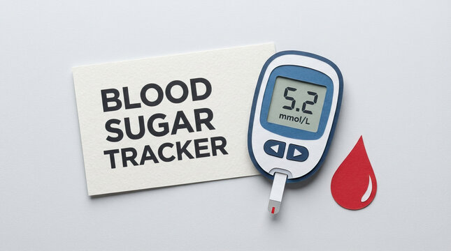 Blood sugar tracker glucose meter 5.2 mmol/L display with test strip and blood drop illustration conveying health monitoring and diabetes awareness