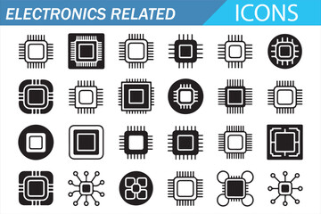 Fototapeta premium Electronics Related Line Icons Set Featuring Microchip, CPU, Processor and Semiconductor Technology Symbols Editable Vector Illustration