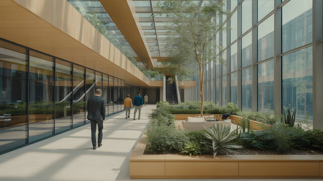 Bright office atrium featuring plants, open space, and people walking.