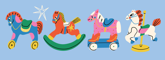 Rocking Horse, horse on wheels, carousel Horse. Various childish colorful toys set. Retro vintage style. Hand drawn modern Vector illustration. Isolated design elements. Print, logo, sticker templates