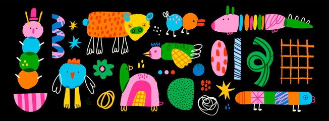 Naklejka premium Various quirky creatures and doodle objects. Abstract monsters or fantastic animals. Childish style. Cute characters. Colorful trendy Vector set. Hand drawn illustration. All elements are isolated