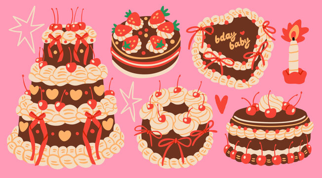Various chocolate Cakes with cherry, cream, strawberry. Sweet tasty food. Hand drawn trendy Vector illustration. Isolated design elements. Party, wedding, anniversary, celebration, birthday concept