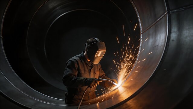Person welding inside large metal pipe