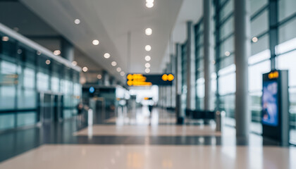Fototapeta premium Spacious terminal passage captured in gentle blur, highlighting bright linear lights, glossy flooring and distant figures in transit.