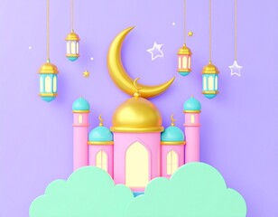 Fototapeta premium Artistic 3D Mosque Composition with Pink and Gold Theme