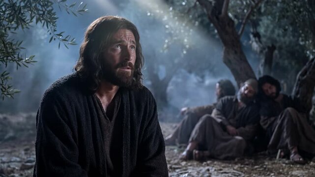 Man praying in Gethsemane garden with sleeping apostles. Religious scene showing suffering spirit and heavenly light.