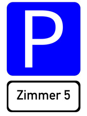 Illustration of a blue parking sign with the inscription "Zimmer 5"