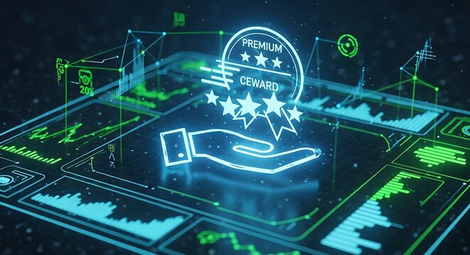 A futuristic digital illustration of a glowing blue hand with a premium customer rating symbol surrounded by neon green graphs and charts on a dark background.