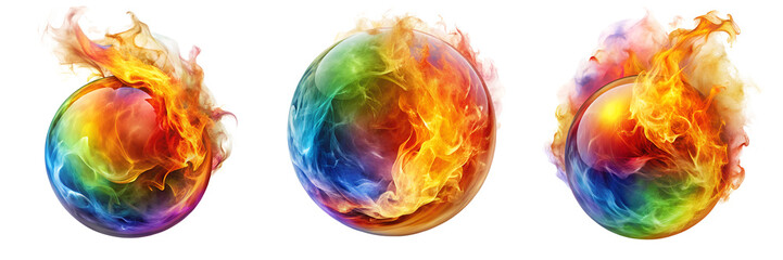 Set of color ball on fire isolated on a transparent background