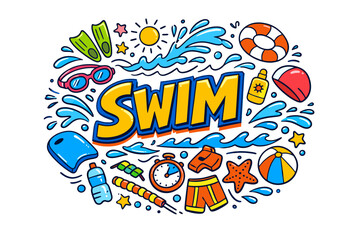 Fototapeta premium Colorful swimming gear and water elements illustration