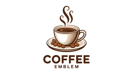 A minimalist coffee shop logo design featuring a white coffee cup and saucer with brown coffee beans and steam rising from the cup
