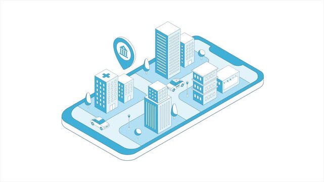 Smart city outline isometric footage. Street with office buildings and skyscrapers, trees, road and cars. Smart services concept.