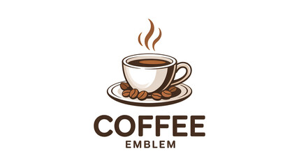 A minimalist coffee shop logo design featuring a white coffee cup and saucer with brown coffee beans and steam rising from the cup