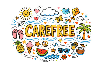 Naklejka premium Colorful summer icons with carefree vibes and beach theme doodles