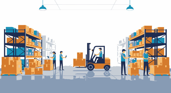 Warehouse workers operating forklifts and managing inventory with stacked boxes on shelves in a busy industrial setting.