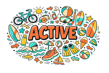 Active lifestyle doodle with swimming, cycling, and beach elements
