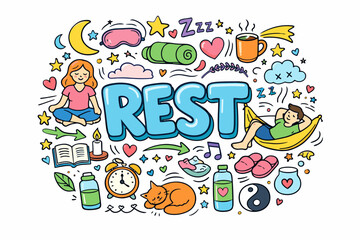 Colorful rest doodle with relaxing elements and peaceful activities