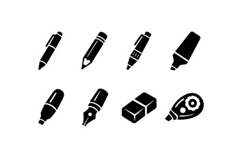 Set of black silhouette writing tools on white background