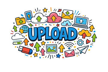 Colorful upload icons and symbols for cloud computing and file sharing