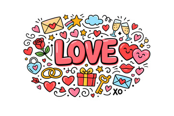 Whimsical love doodles featuring hearts, gifts, and symbols of romance