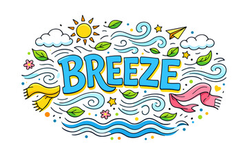 Colorful breeze doodle with sun, clouds, leaves, and scarves