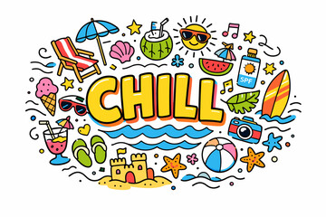Colorful summer beach doodle with chill vibes and tropical elements