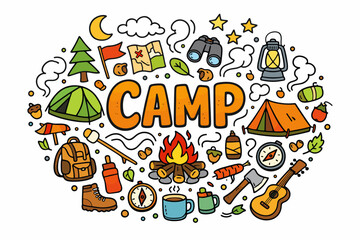 Colorful camping doodle art featuring tent, campfire, and outdoor gear