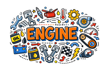 Colorful engine components illustration with pistons and tools