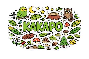 Colorful cartoon illustration of kakapo, owl, and forest elements