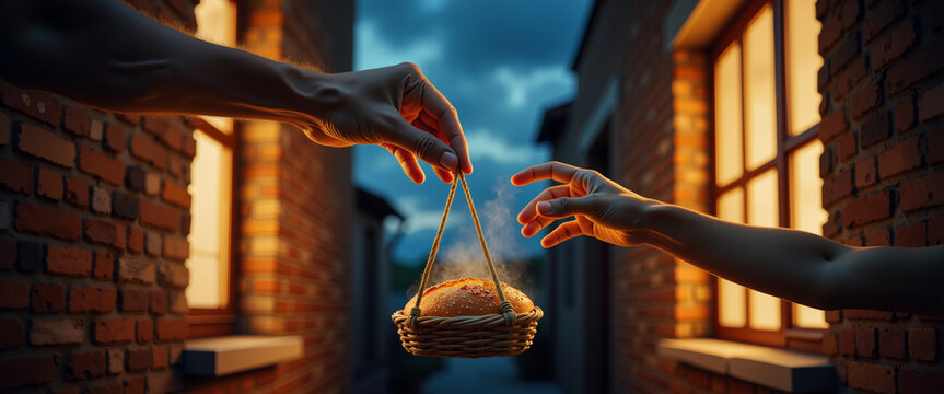 Two hands exchanging a basket of bread at dusk in cozy alley  