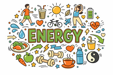 Cartoon illustration of active lifestyle with exercise, healthy food, and energy symbols