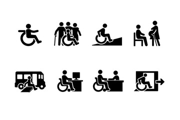 Accessibility icons depicting wheelchair users and assistance in various contexts