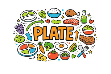 Balanced plate concept with various foods and nutrition symbols
