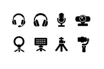 Audio and video recording equipment icons: headset, microphone, webcam, ring light, tripod