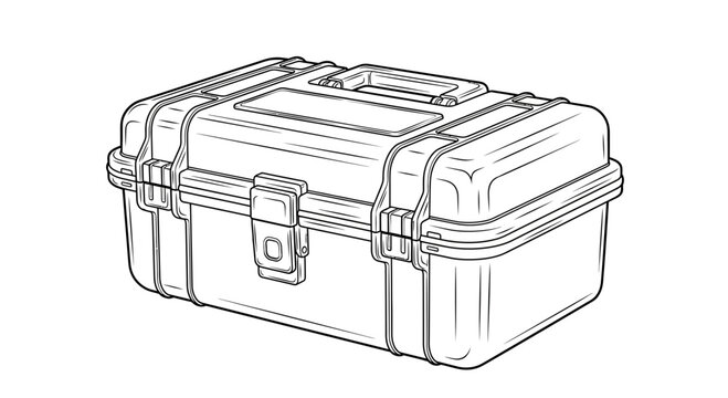 Durable Plastic Tool Box Case with Handle and Latches, Isolated on White Background, Line Art