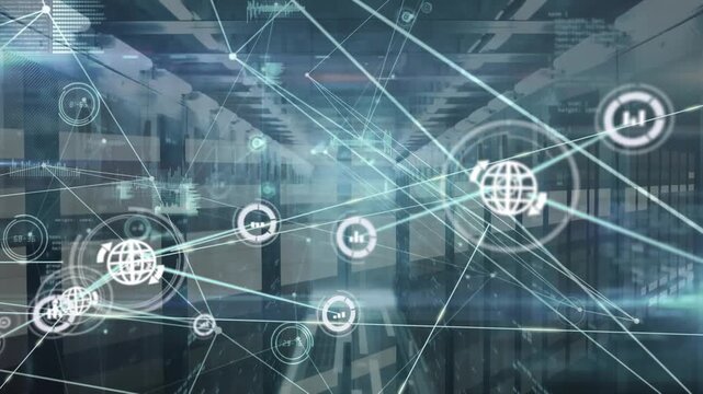 Animation of connected icons with illuminated graphs and codes over server room