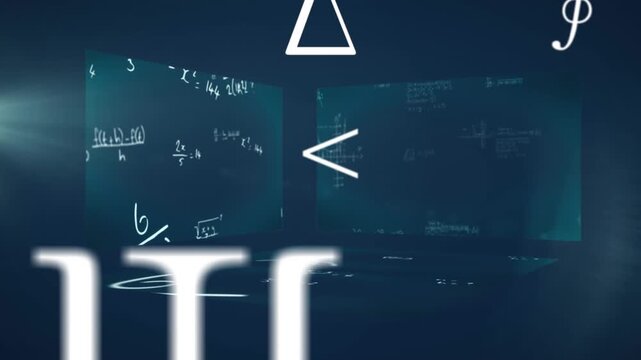 Animation of mathematical formulae and data processing over dark background