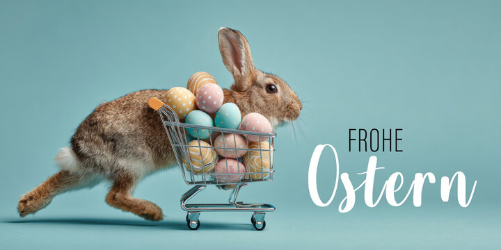 Frohe Ostern, lustiges Tier, Feier, Ferien Urlaub Gru&szlig;karte, Karte mit deutschem Text - Feldhase, Hase, Osterhase mit Einkaufswagen und Ostereier, isoliert auf blauem Hintergrund