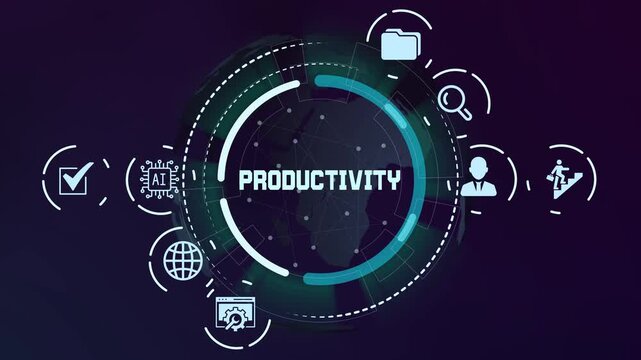 Business productivity and digital workspace technology concept with abstract task management icons and networking connectivity.